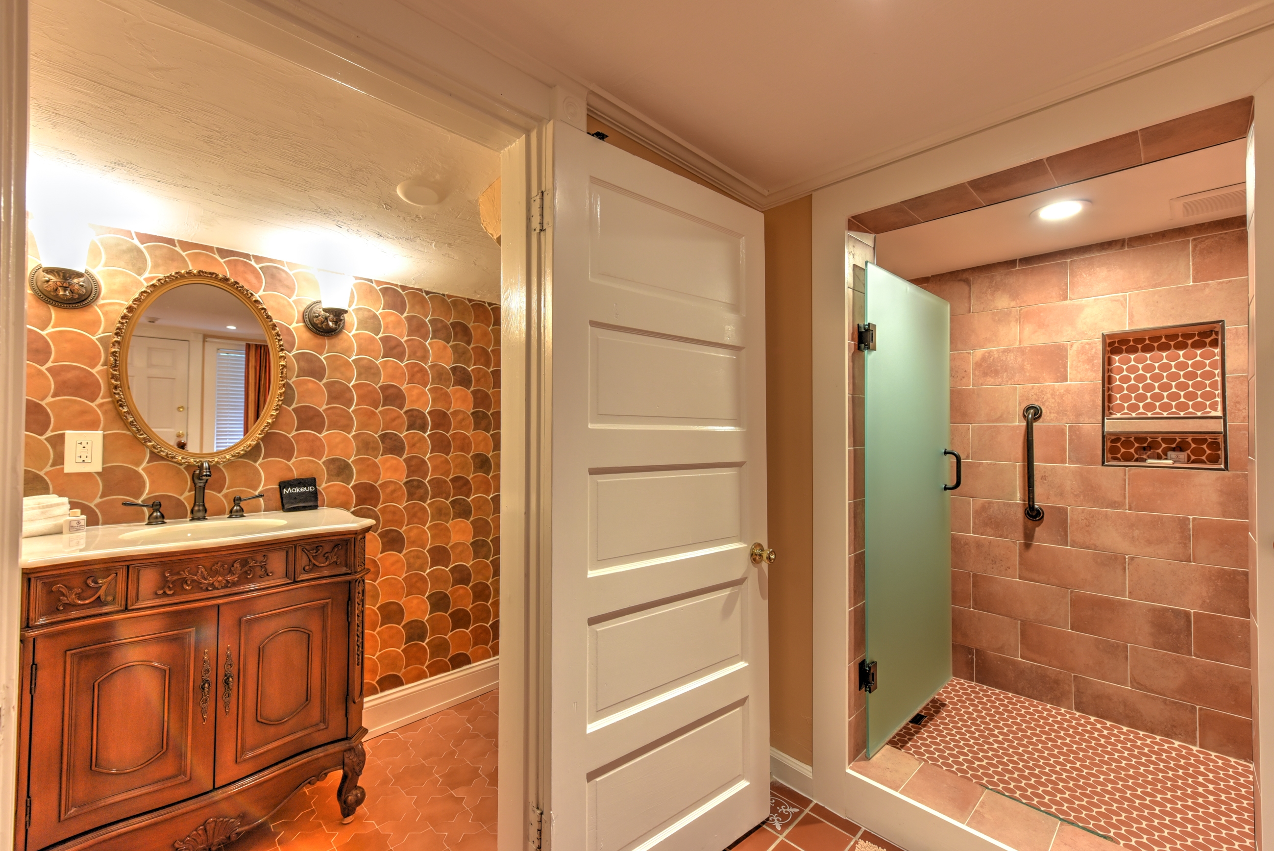 Gorgeous tiled walk-in shower and bathroom