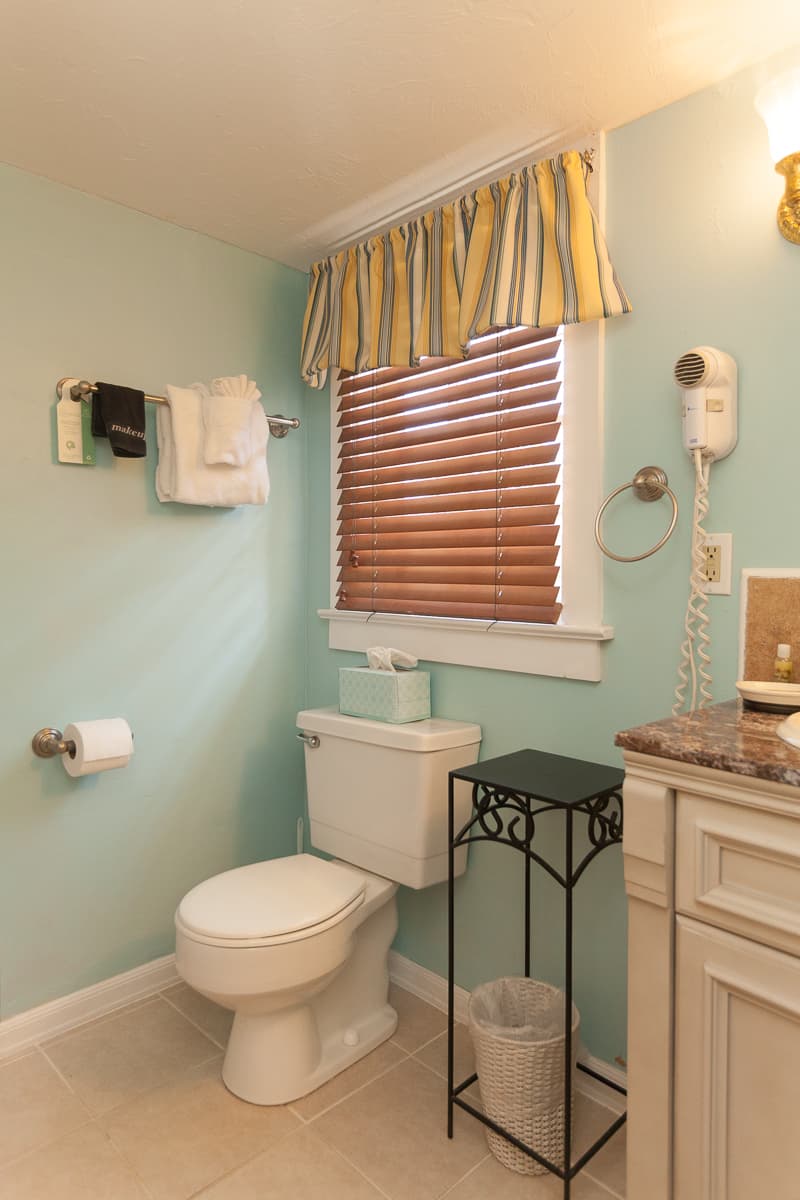 Bathroom with light blue walls, white toilet, window with blinds & striped valance, hairdryer hanging on wall, and sink with vanity.