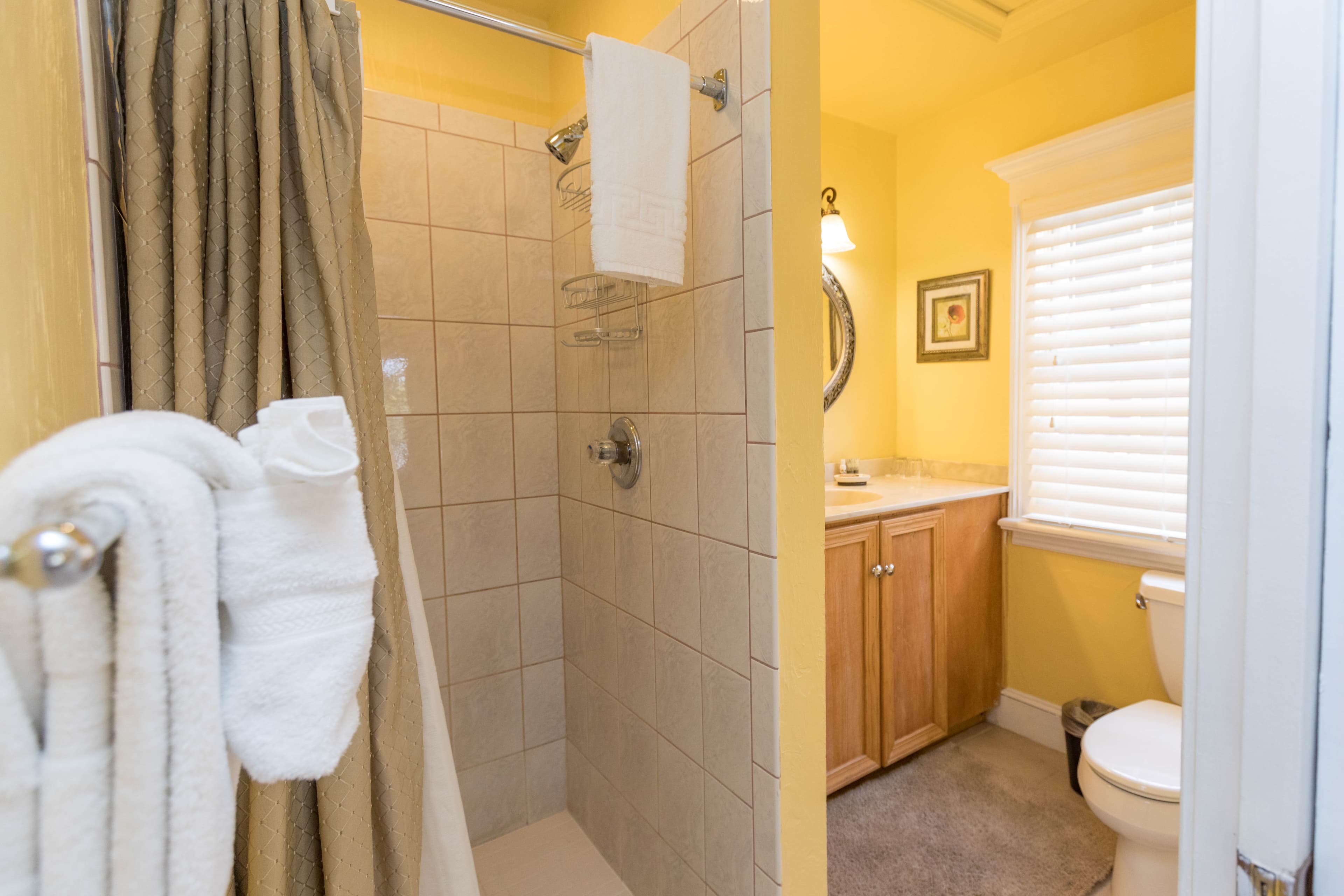 Private bathroom with tiled shower, sink with vanity, and toilet.