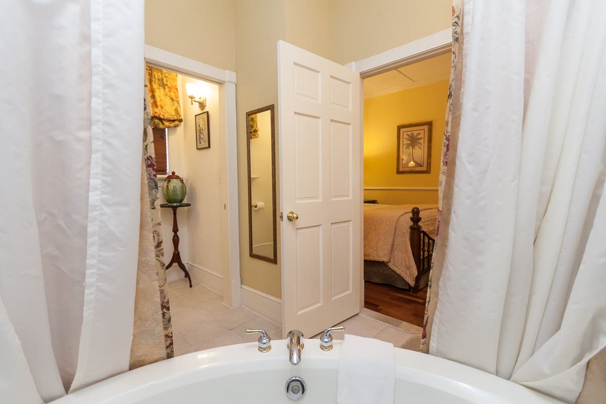 View from whirlpool tub looking towards doorway to the bedroom.