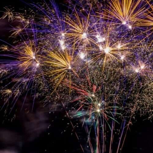 Colorful fireworks explode against a dark night sky.