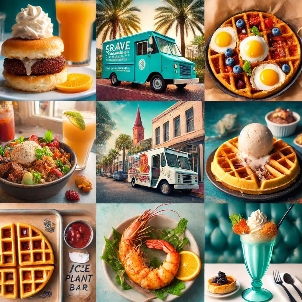 A vibrant collage featuring various delicious foods, food trucks, and tropical beverages. A vibrant collage featuring various delicious foods, food trucks, and tropical beverages.