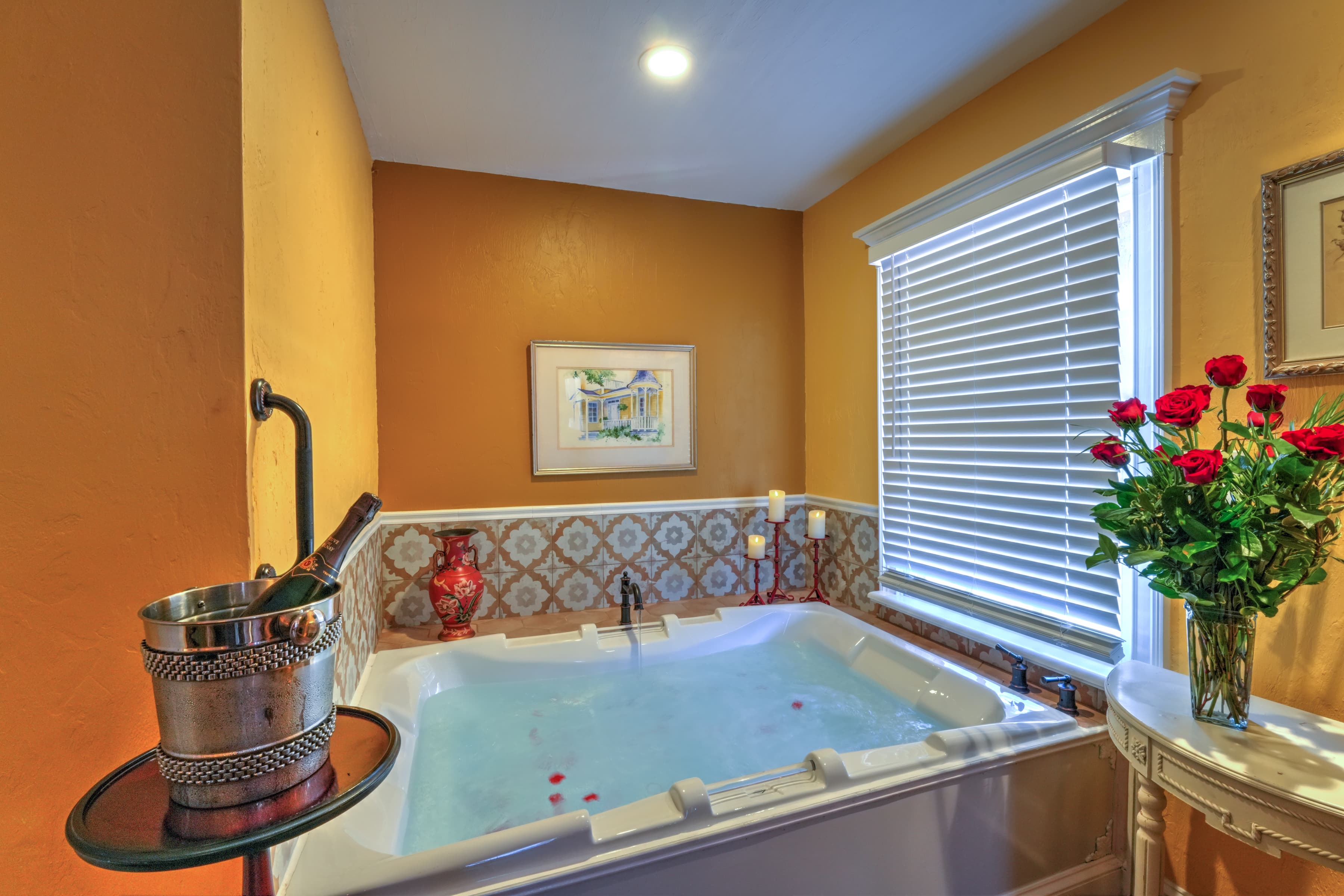 Large two people luxurious whirlpool tub to relax after sight seeing of beautiful Saint Augustine.