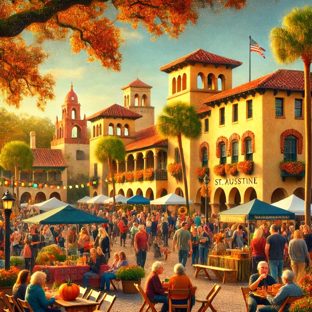 A bustling outdoor market scene in St. Augustine with festive decorations and crowds enjoying the atmosphere.