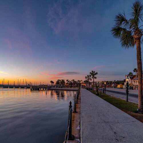 A tranquil waterfront scene at sunset featuring palm trees and a calm harbor.
