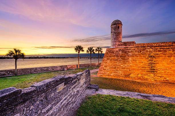 A historic stone fort stands against a colorful sunset by the water, with palm trees in the background.